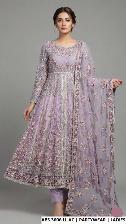ABS 3606 LILAC - Lilac Chiffon Open Long Frock 3-Piece Women's Pakistani Suit