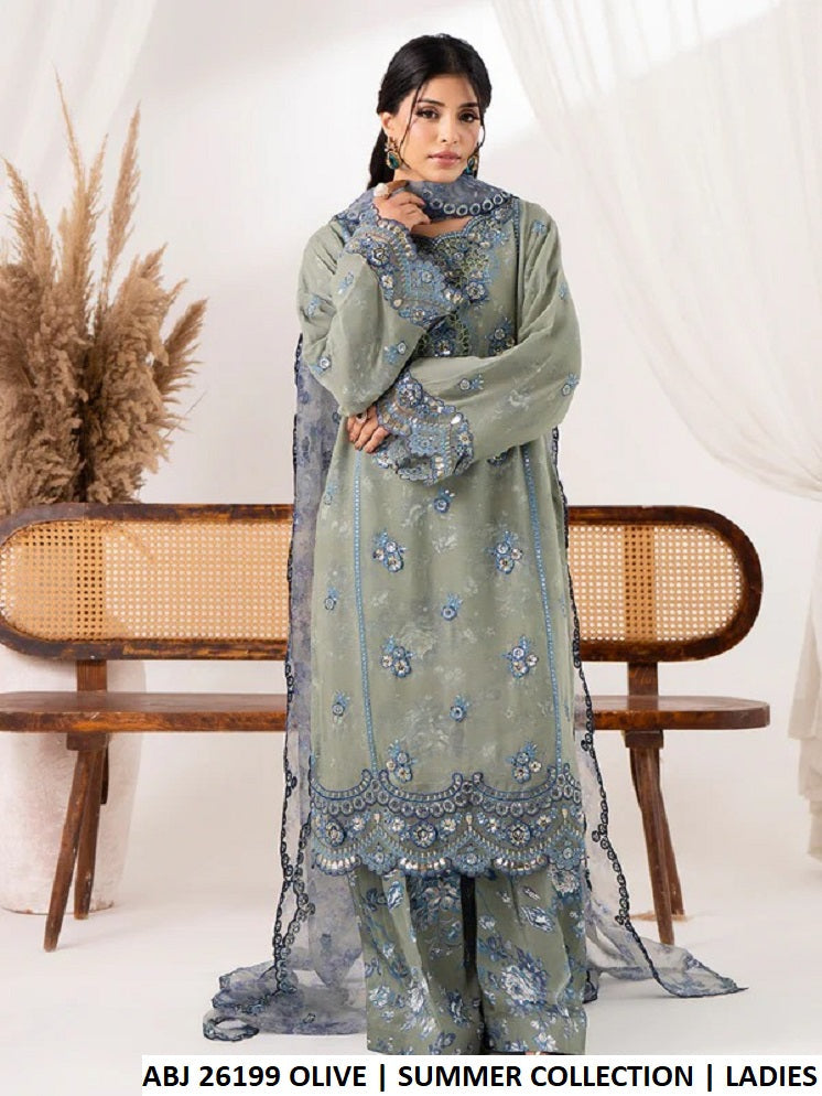 ABJ 26199 OLIVE GREEN - Olive Green Chiffon Straight 3-Piece Women's Pakistani Suit