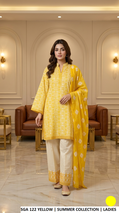 SGA 122 YELLOW - Yellow Lawn 3-Piece Women's Plazo Suit Pakistani Fashion