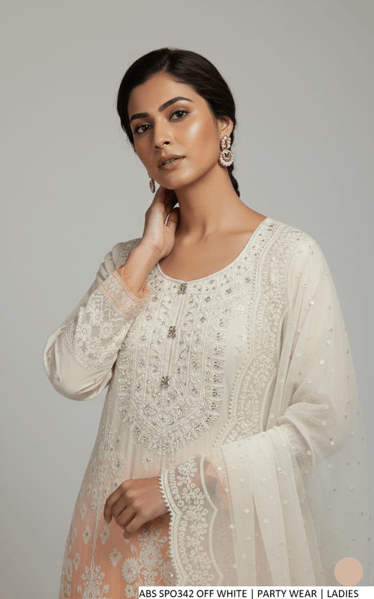 Off white chiffon Pakistani women's shirt with garara side view