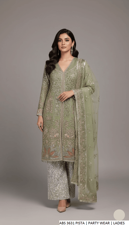 Organza open shirt pista green - Pakistani women's formal party wear with grip trouser and organza dupatta front view