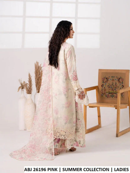 ABJ 26196 OFF WHT - Off White Chiffon Straight 3-Piece Women's Pakistani Suit