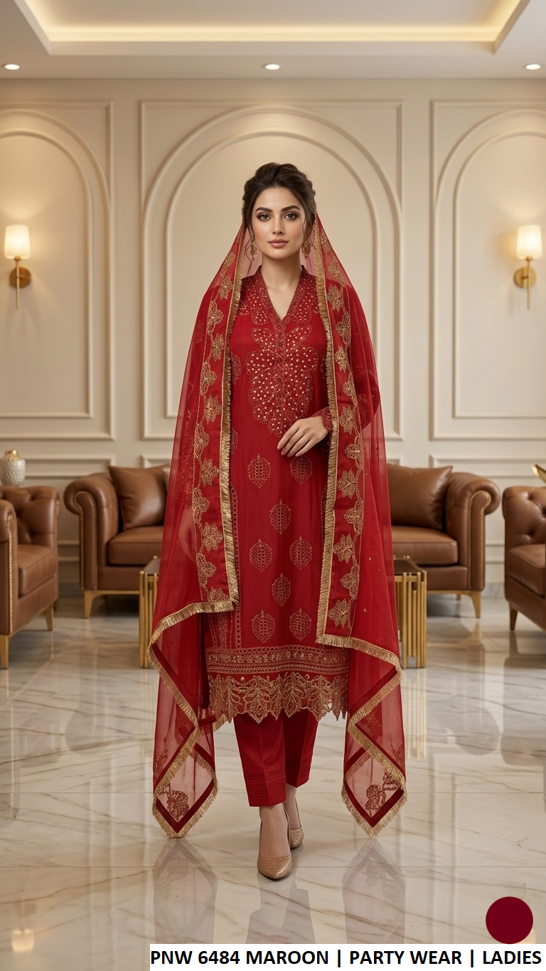 PNW 6484 MAROON - Maroon Chiffon Straight 3-Piece Women's Pakistani Suit