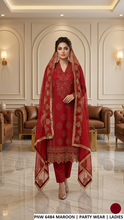 PNW 6484 MAROON - Maroon Chiffon Straight 3-Piece Women's Pakistani Suit