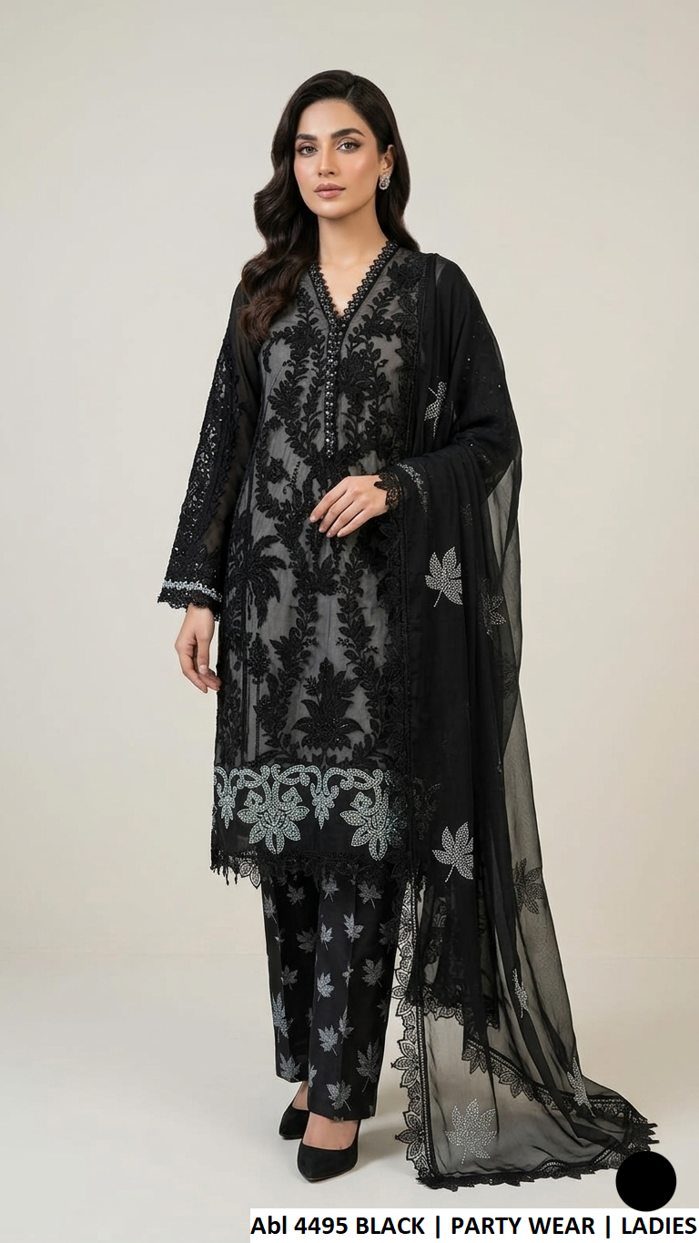 Chiffon straight shirt plazo ABL 4495 BLACK - Pakistani women's elegant outfit with grip trouser and chiffon dupatta front view