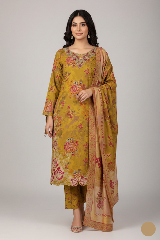 Winter cotton straight shirt ABH3 9 - Pakistani women's warm winter suit with digital printed dupatta front view