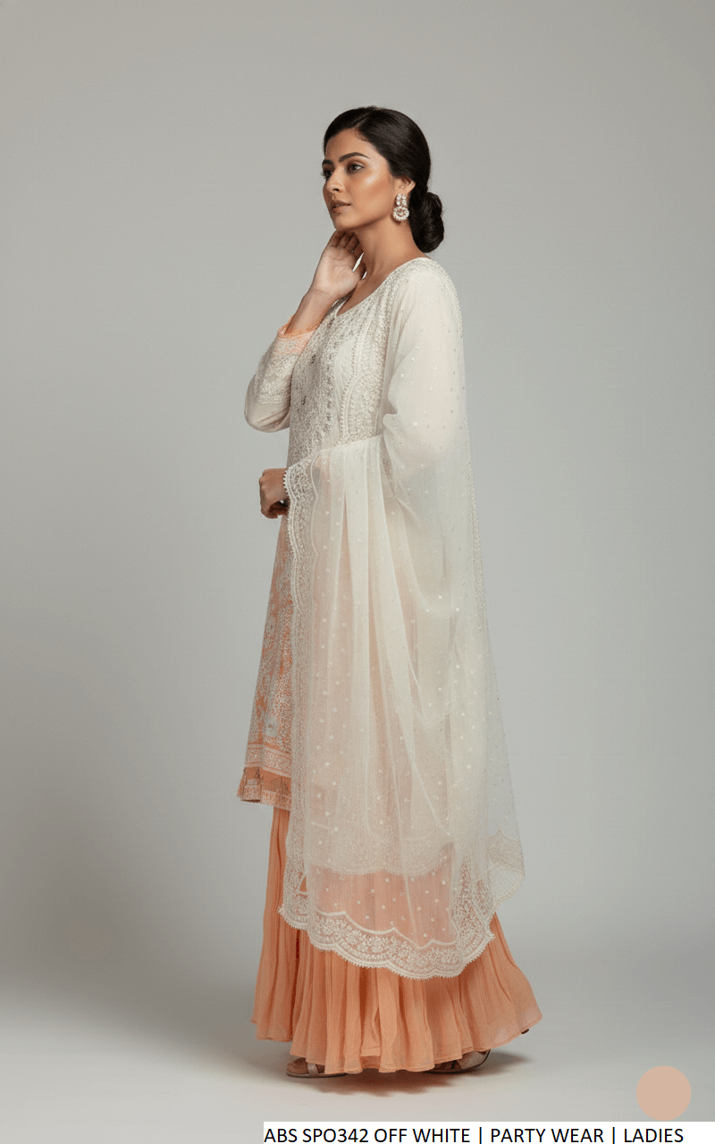 Pakistani women's off white chiffon shirt garara back view