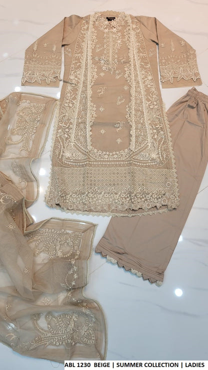 Pakistani women's beige khadi net A-Line shirt plazo outfit back view