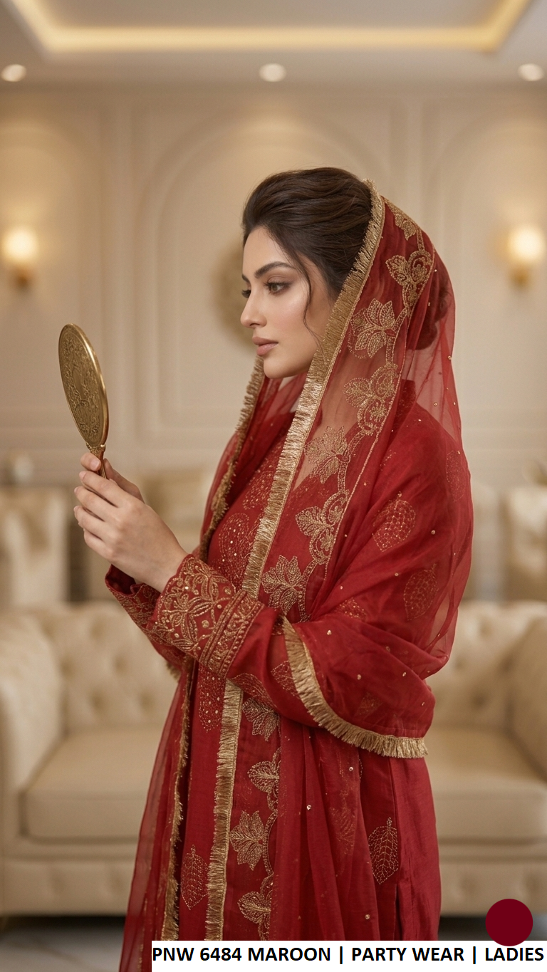 PNW 6484 MAROON - Maroon Chiffon Straight 3-Piece Women's Pakistani Suit