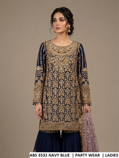 ABS 3532 NAVY BLUE - Navy Blue Chiffon 3-Piece Women's Pakistani Plazo Suit