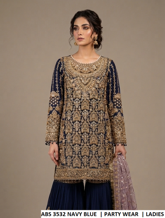 ABS 3532 NAVY BLUE - Navy Blue Chiffon 3-Piece Women's Pakistani Plazo Suit