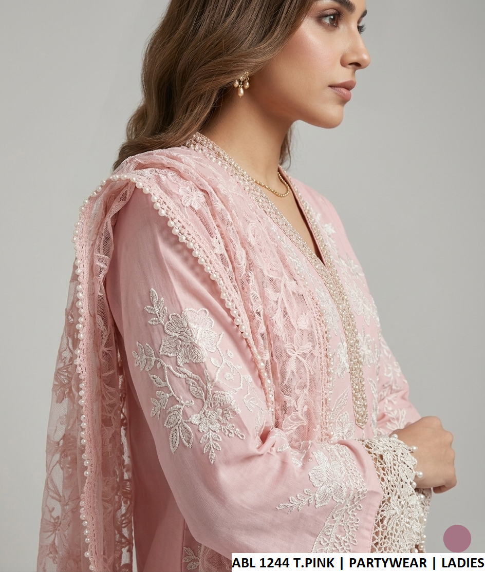 Tea pink khadi net Pakistani women's straight shirt side view