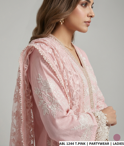 Tea pink khadi net Pakistani women's straight shirt side view