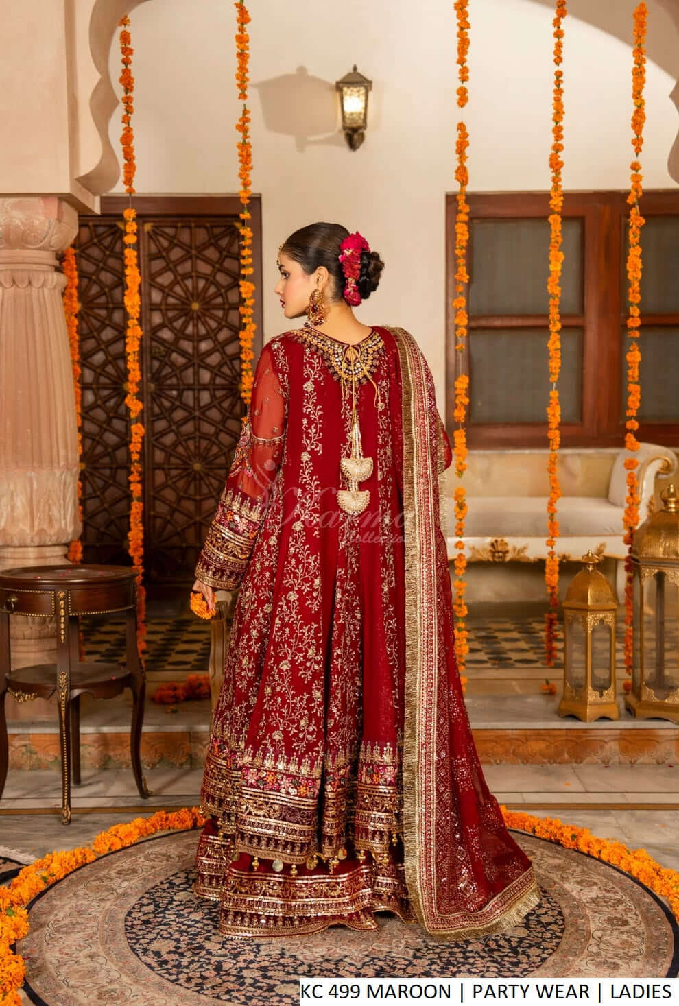 Maroon chiffon Pakistani women's long frock with plazo side view