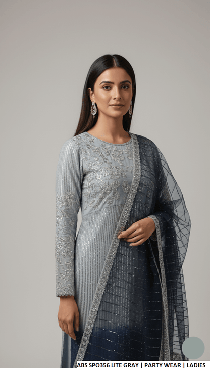 Light grey chiffon Pakistani women's straight shirt with plazo side view