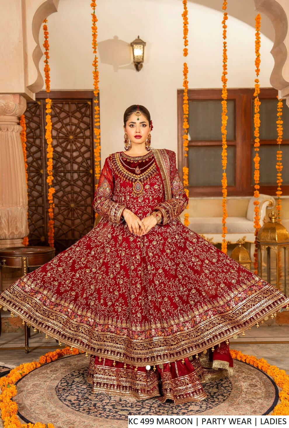 Chiffon long frock plazo maroon - Pakistani women's luxury formal wear with viscose plazo and chiffon dupatta front view