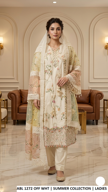 ABL 1272 OFF WHITE - Off White Cotton Straight 3-Piece Women's Pakistani Suit