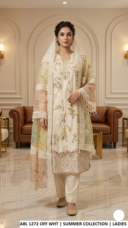 ABL 1272 OFF WHITE - Off White Cotton Straight 3-Piece Women's Pakistani Suit
