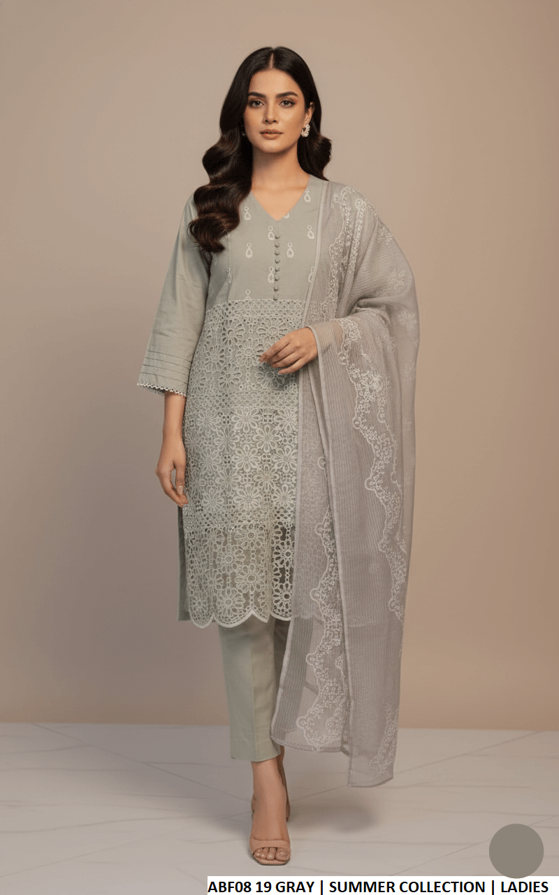 Cotton straight shirt grey - Pakistani women's casual everyday outfit with digital print dupatta front view