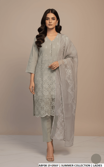 Cotton straight shirt grey - Pakistani women's casual everyday outfit with digital print dupatta front view