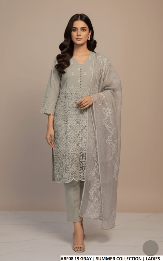 Cotton straight shirt grey - Pakistani women's casual everyday outfit with digital print dupatta front view