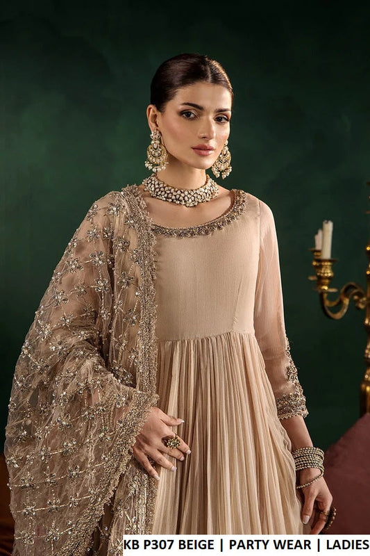 Beige crinkle chiffon Pakistani women's long frock with silk trouser side view