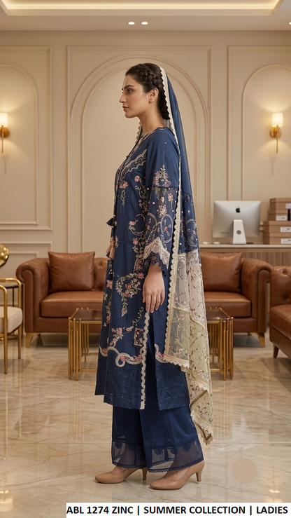 ABL 1274 ZINC - Zinc Cotton Embroidered Straight 3-Piece Women's Pakistani Suit