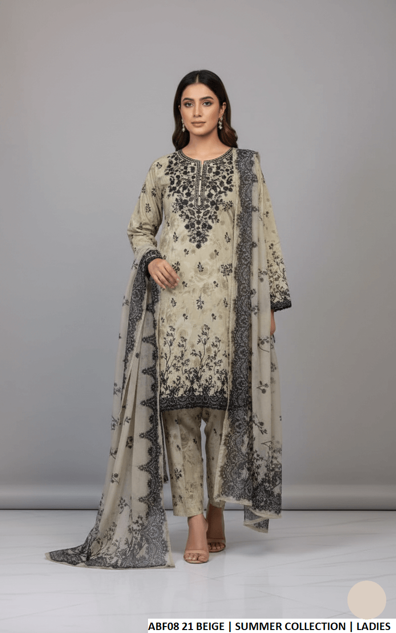 Lawn straight printed shirt - Pakistani women's casual summer outfit with lawn trouser and chiffon dupatta front view
