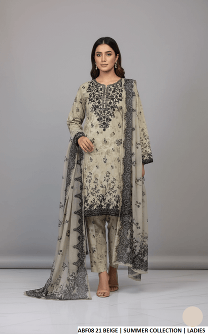 Lawn straight printed shirt - Pakistani women's casual summer outfit with lawn trouser and chiffon dupatta front view