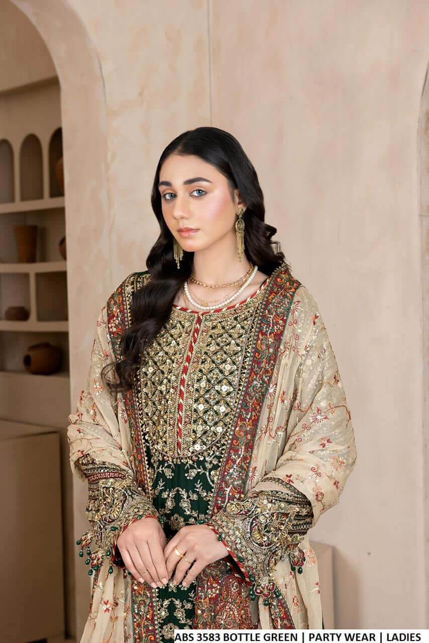 Bottle green chiffon Pakistani women's shirt with plazo side view