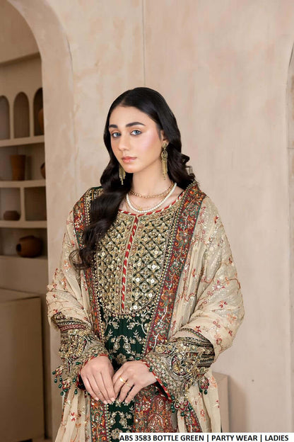 Bottle green chiffon Pakistani women's shirt with plazo side view