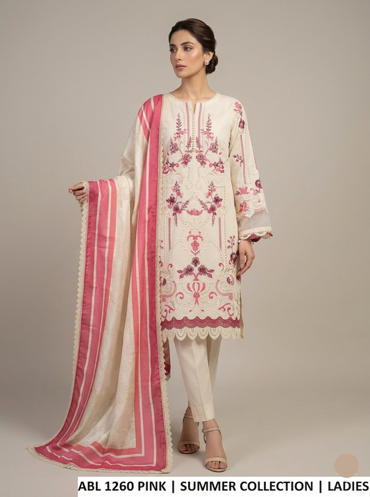 Cotton straight shirt off white pink - Pakistani women's casual outfit with organza karandi dupatta front view