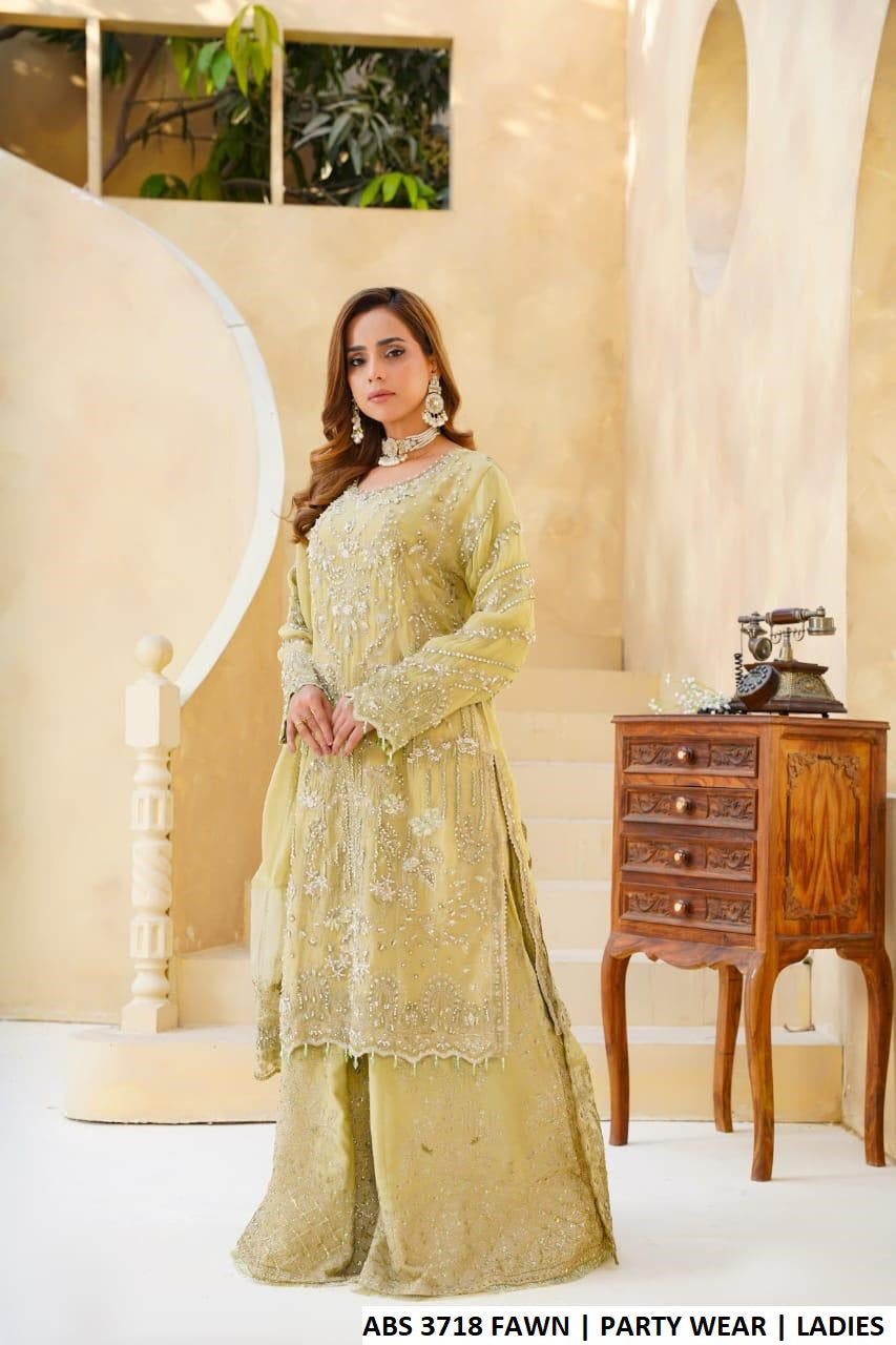 Pakistani women's fawn chiffon shirt plazo back view