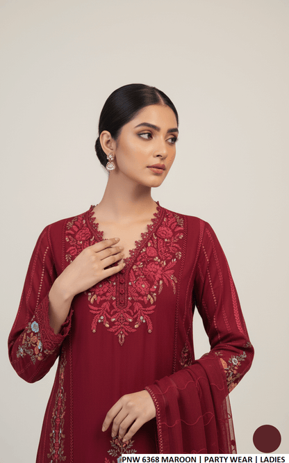 Pakistani women's maroon chiffon straight shirt plazo back view