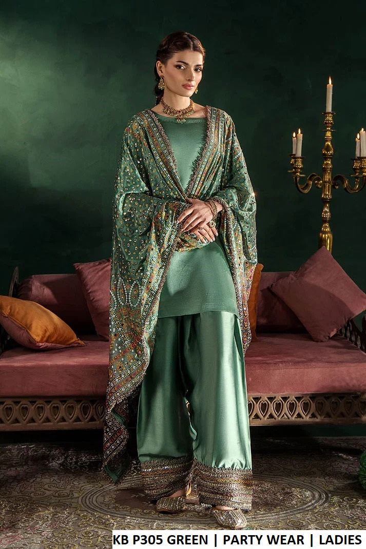 Tealish green gloss silk Pakistani women's straight shirt with farshi shalwar side view