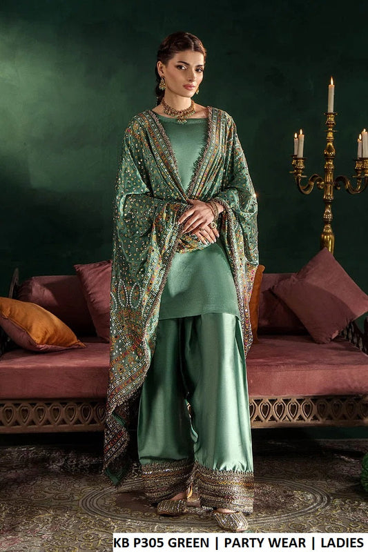 Tealish green gloss silk Pakistani women's straight shirt with farshi shalwar side view