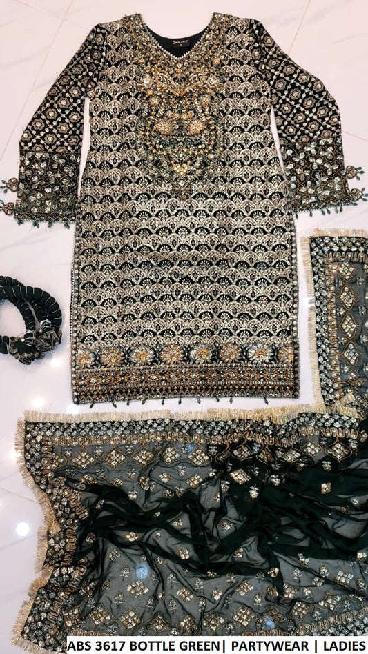 ABS 3617 BOTTLE GREEN - Bottle Green Chiffon Straight 3-Piece Women's Pakistani Suit