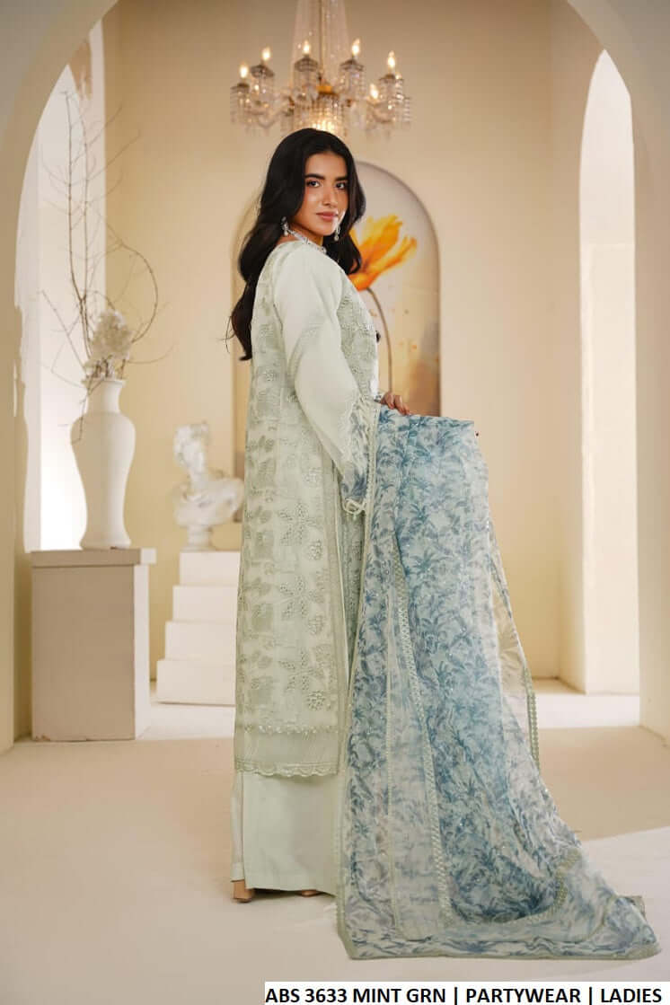 Pakistani women's mint green organza straight shirt plazo back view