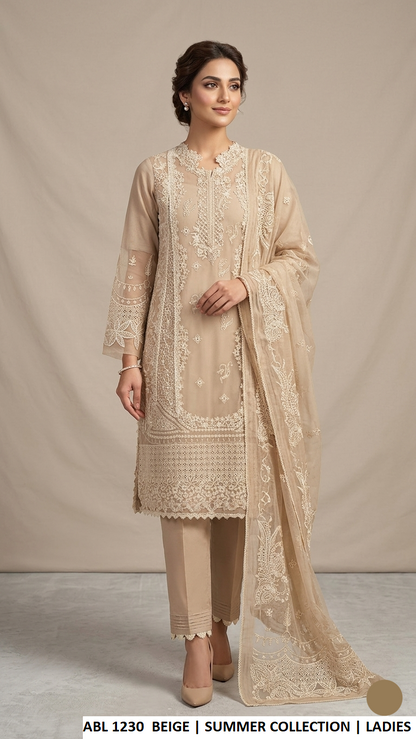 Khadi net A-Line shirt plazo beige - Pakistani women's elegant casual outfit with khadi net dupatta front view