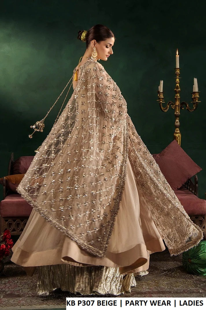 Pakistani women's beige crinkle chiffon long frock with net dupatta back view