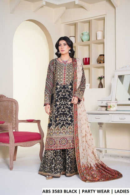 ABS 3583 BLACK - Black Chiffon 3-Piece Women's Plazo Suit Pakistani Fashion