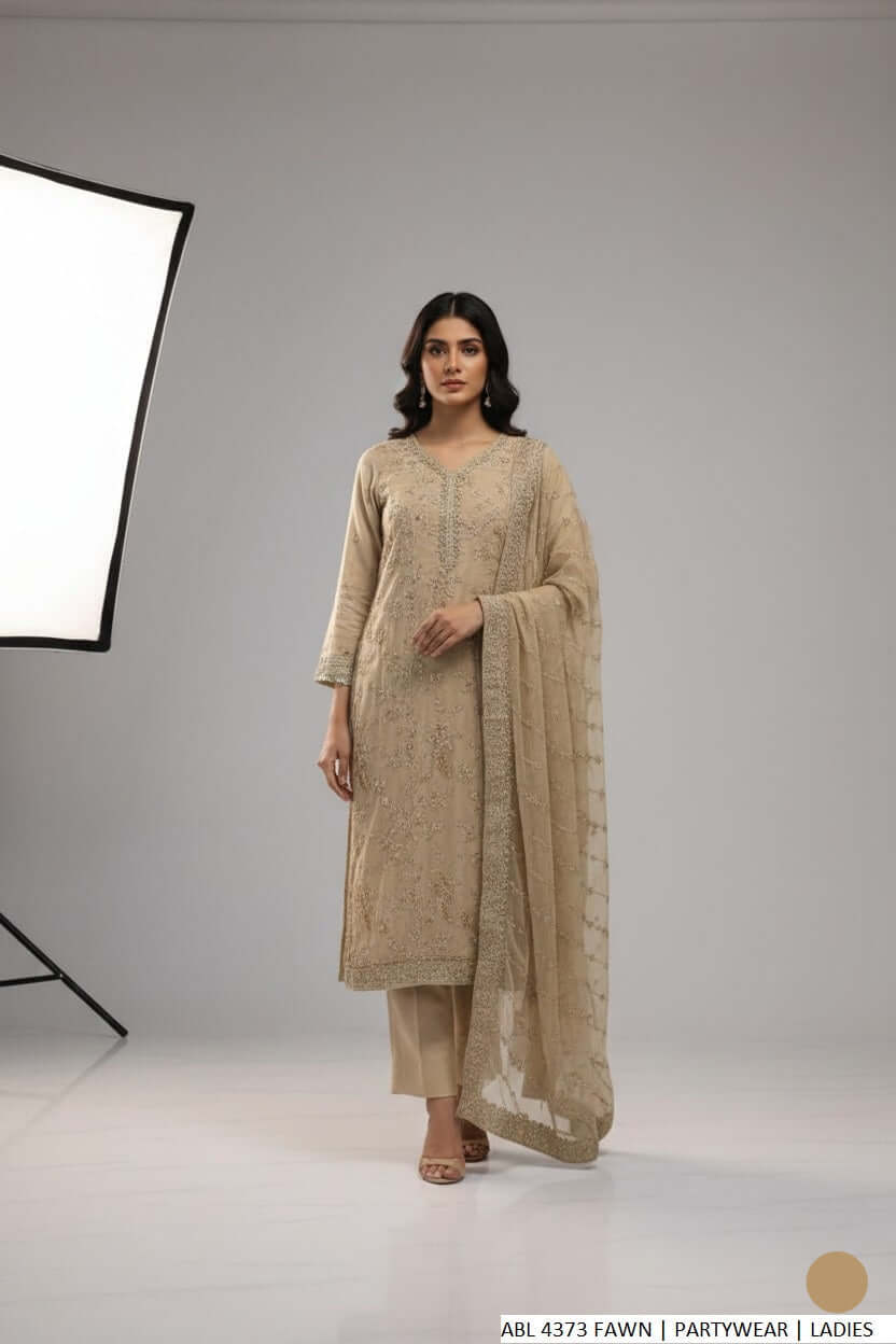 Silk straight shirt fawn - Pakistani women's formal party wear with silk trouser and chiffon dupatta front view
