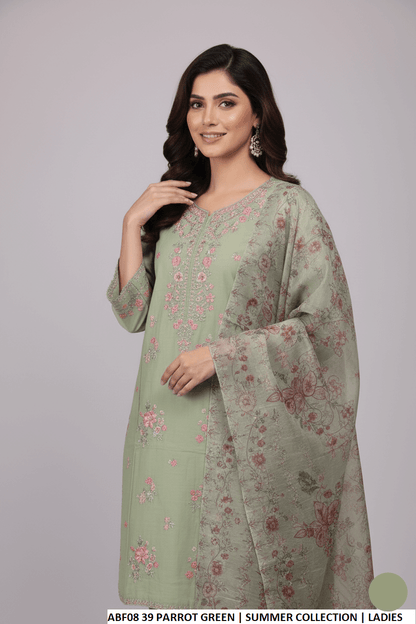 Pakistani women's parrot green cotton straight shirt farshi shalwar back view