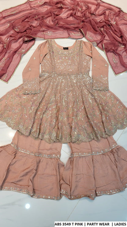 ABS 3549 TEA PINK - Tea Pink Chiffon Peplum 3-Piece Women's Pakistani Suit