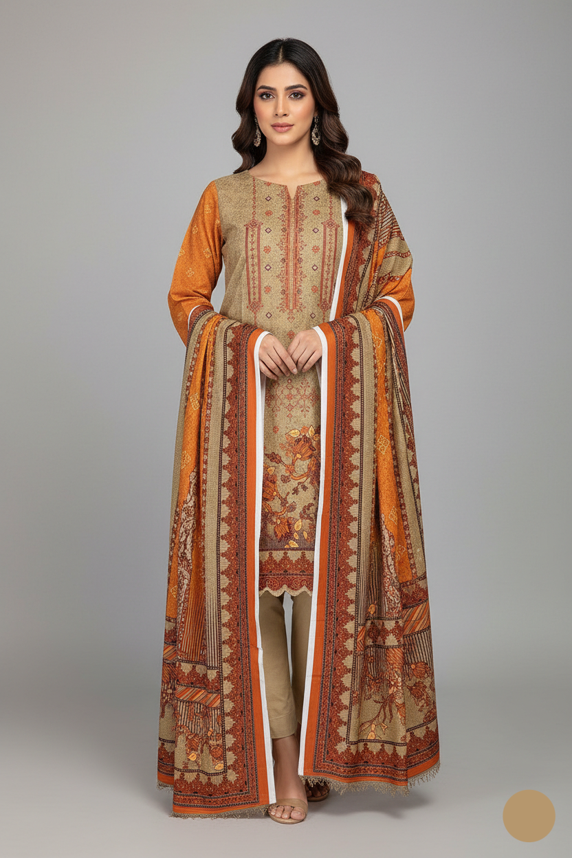 Sulb Khaddar straight shirt suit SG20 42 - Pakistani winter 3-piece with digital khaddar dupatta