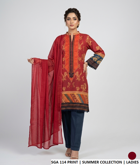 Lawn A-Line shirt SGA 114 PRINT - Pakistani women's casual summer outfit with cotton trouser and lawn dupatta front view