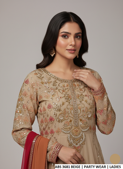 Beige chiffon Pakistani women's long frock side view