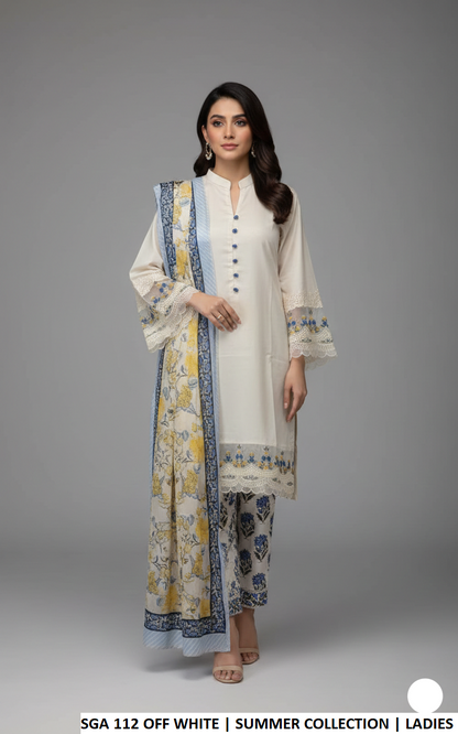 Lawn straight shirt plazo off white - Pakistani women's casual summer outfit with lawn dupatta front view
