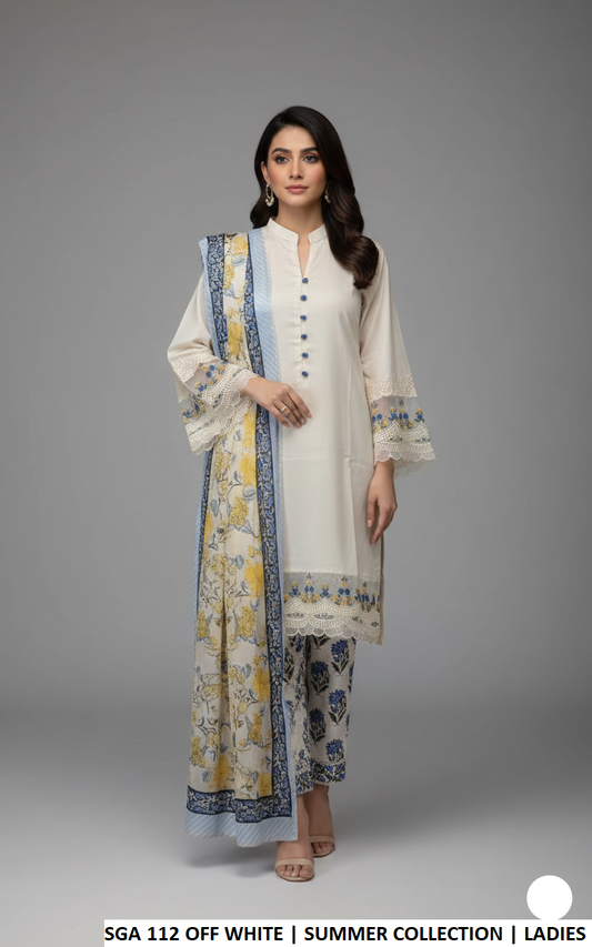 Lawn straight shirt plazo off white - Pakistani women's casual summer outfit with lawn dupatta front view