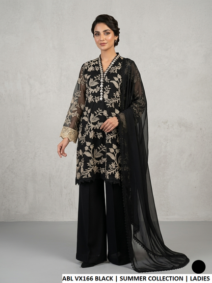 Pakistani women's black net kaftan style shirt plazo back view
